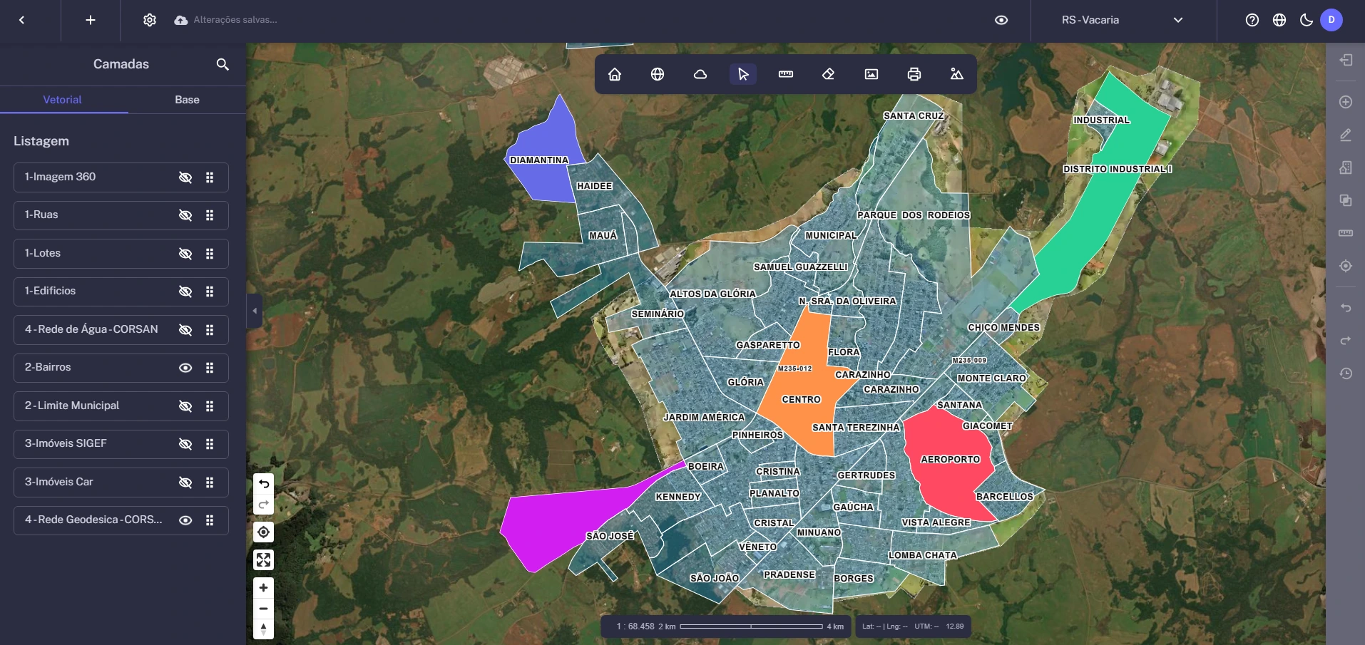 Sistema SIG GSMap mostrando mapas, camadas e dados geográficos para gestão municipal